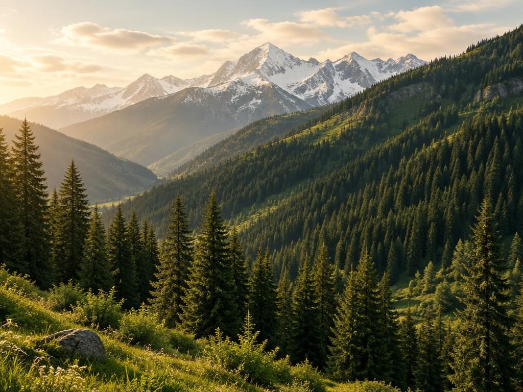 Горные предгорья с хвойным лесом на закате